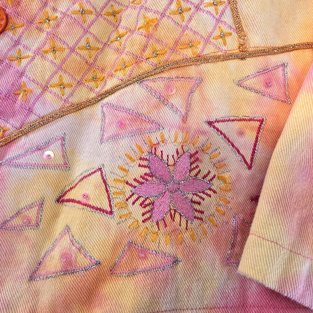 Keren Hart Denim Jacket Size S Pink Yellow Tie Dye Abstract Art Colorful Casual - Picture 8 of 9